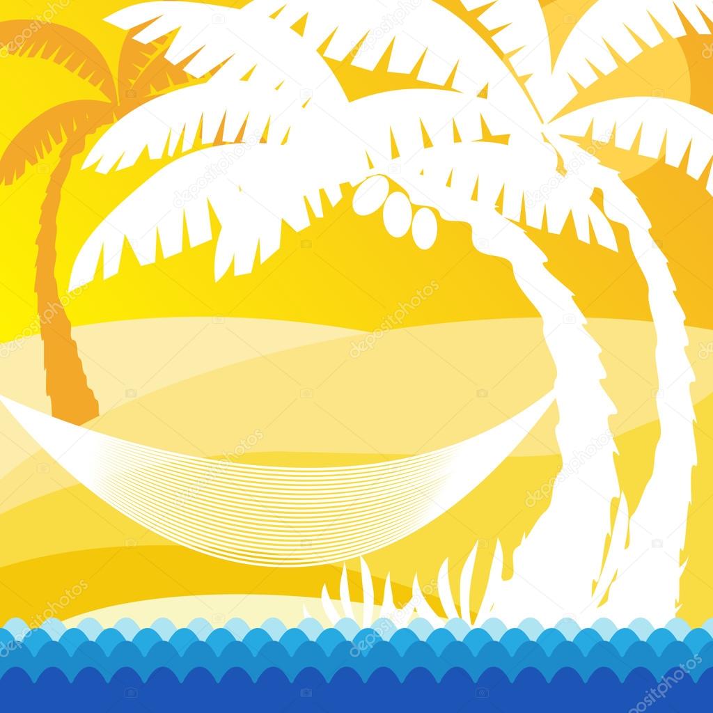 Yellow background with palmtrees and hammock