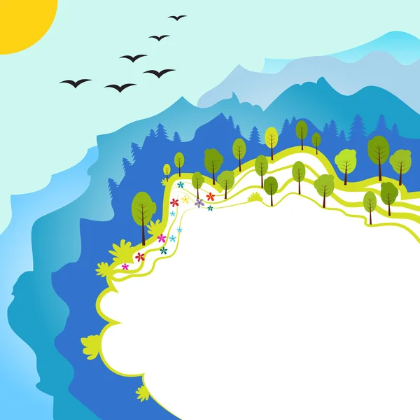Paysage mignon avec montagnes, arbres, fleurs et oiseaux — Image vectorielle