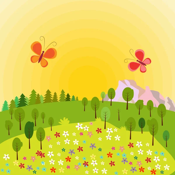 Paisaje de verano con árboles, rocas, flores y mariposas — Vector de stock