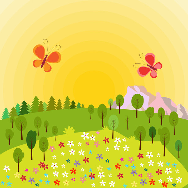 Summer landscape with trees, rocks, flowers and butterflies