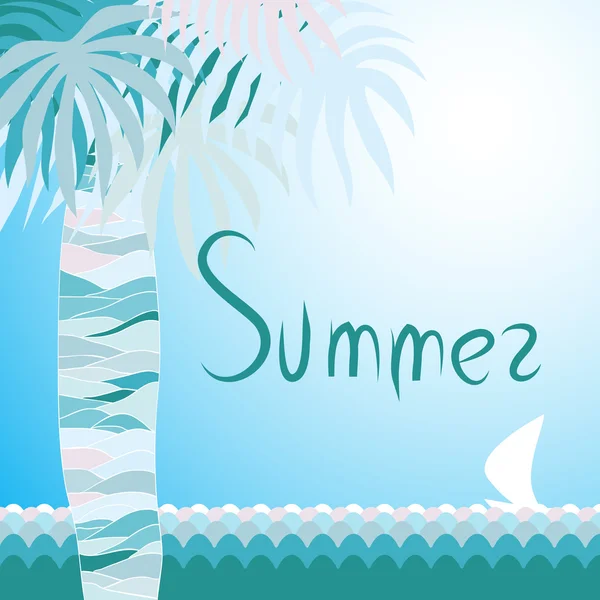 Блакитний літній покрив з пальмовим листям і океаном — стоковий вектор