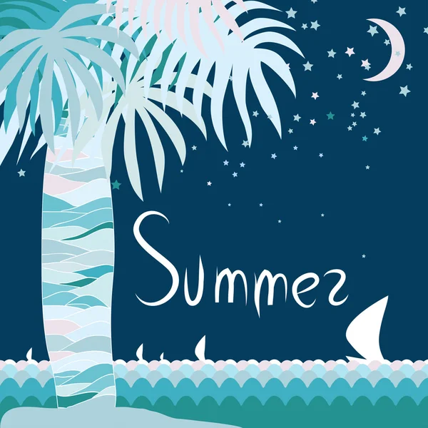 Night summer cover with palm leafs and ocean — Stock Vector