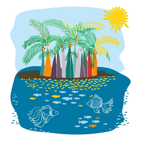 Удаленный остров с пальмами и рыбами в воде — стоковый вектор