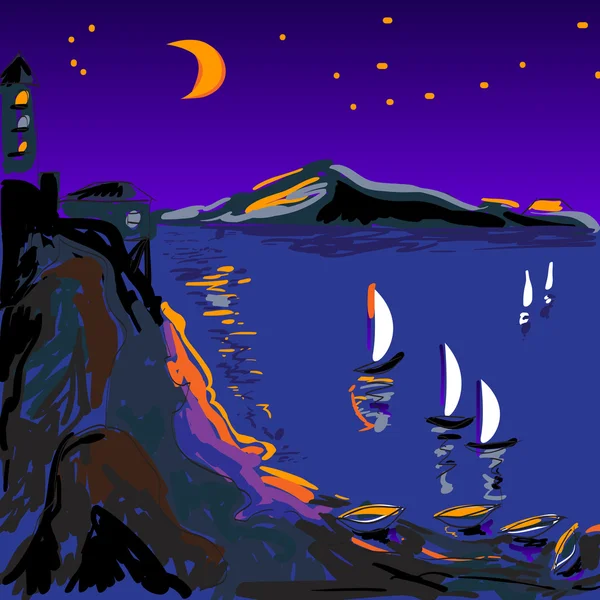 Nachtkulisse mit abgelegenen Inseln und weißen Segeln — Stockillustration Nacht Küstenlandschaft — Stockvektor