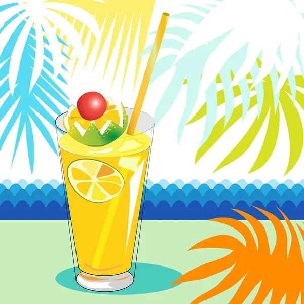 Verre avec cocktail, cerise et feuilles de palmier — Image vectorielle