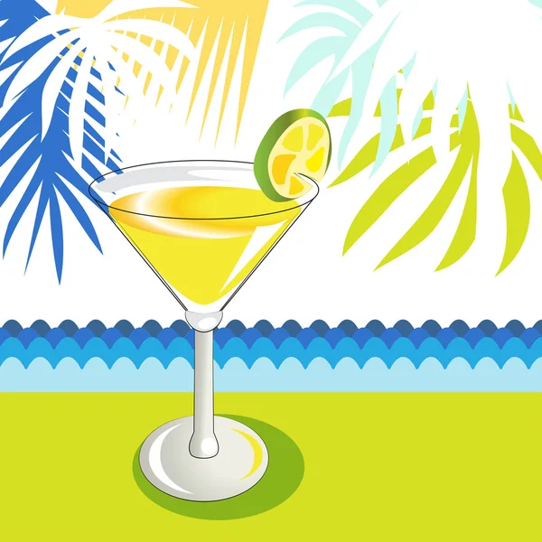 Glas met cocktail, citroen en palm bladeren — Stockvector