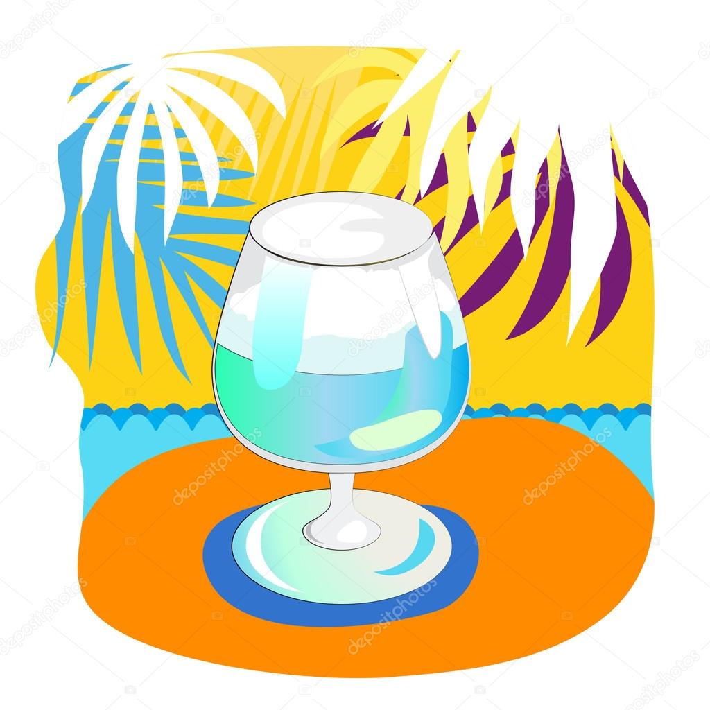 Glass with cocktail and palm leafs on the yellow background