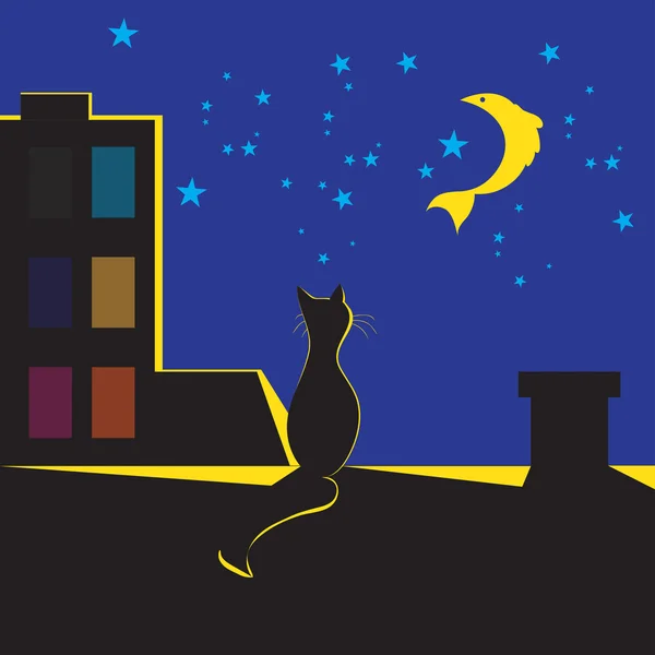แมวบนหลังคาตอนกลางคืน — ภาพเวกเตอร์สต็อก