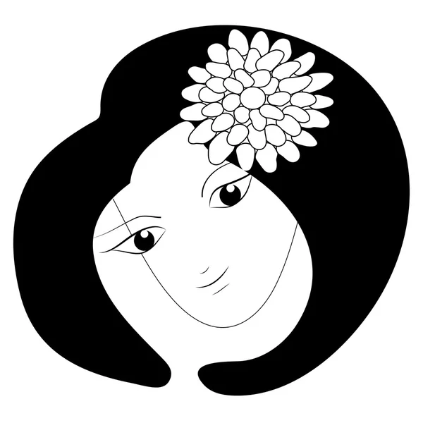 Woman head with black hair and big flower on the top. — Stock Vector