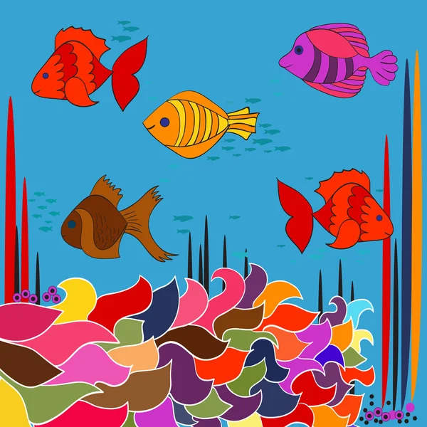 Azul subaquático com peixes e plantas coloridas — Vetor de Stock