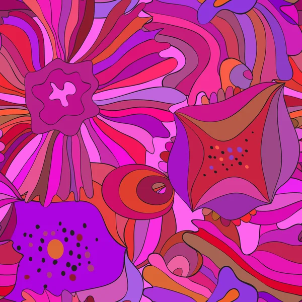 Färgstarka lila mönster med dekorativa blommor och blad — Stock vektor
