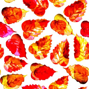 Seamless watercolor red leaves pattern with white background