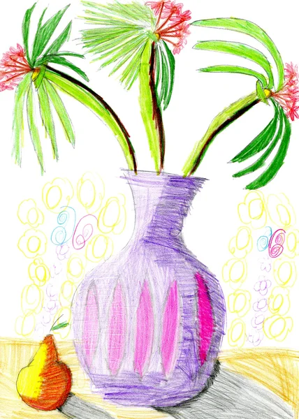 Kid's drawing: vases with colorful flowers and pear — Stock Photo, Image