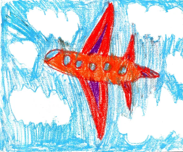 Dibujo infantil: cielo, nubes blancas y avión naranja —  Fotos de Stock