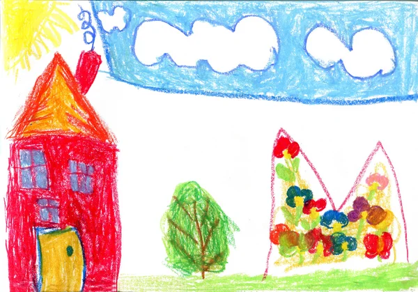 Dibujo infantil con casa, flores, sol y nubes — Foto de Stock