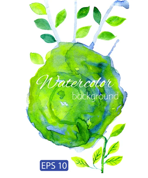 Blur, green watercolor backdrop with decorative leafs — Stock Vector