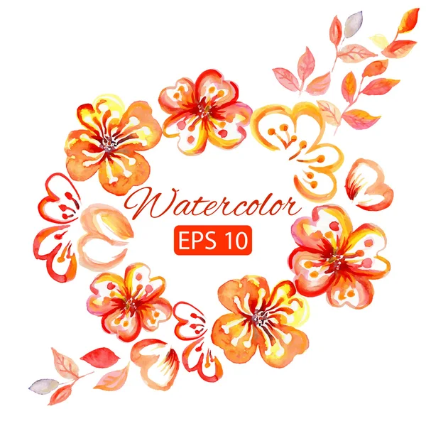 Akvarell-kort med dekorativa orange blommor och kopia utrymme — Stock vektor
