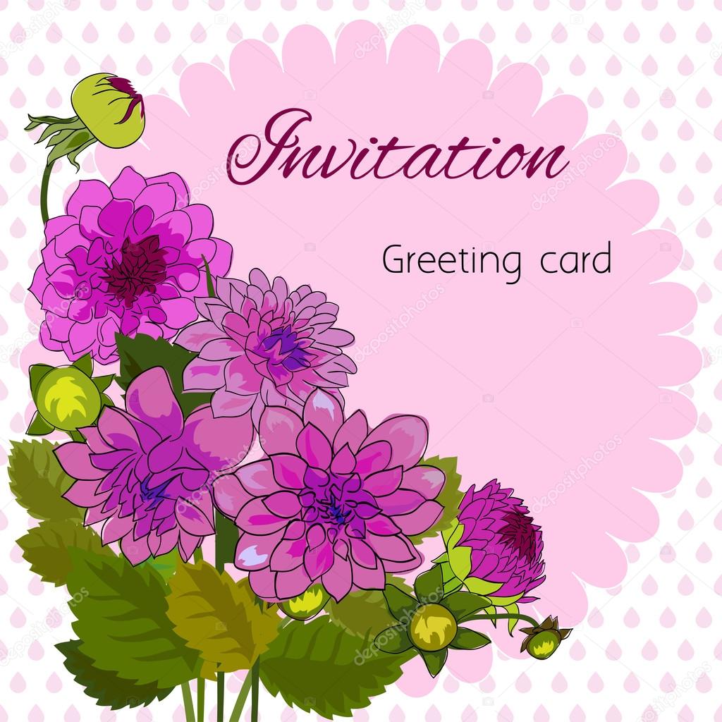 Romantic flower greeting card with dahlias and copy space