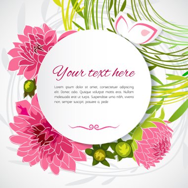 Gentle grey card with dahlias and white lace and branches clipart
