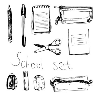 School set with notebooks, scissors, rubber, sharpener; eraser,  clipart