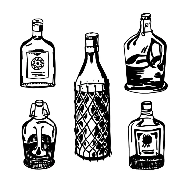 Conjunto de diferentes botellas de boceto blanco y oscuro — Vector de stock