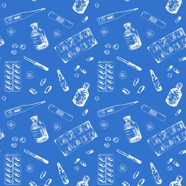 Modèle sans couture bleu avec différents articles de médecine — Image vectorielle