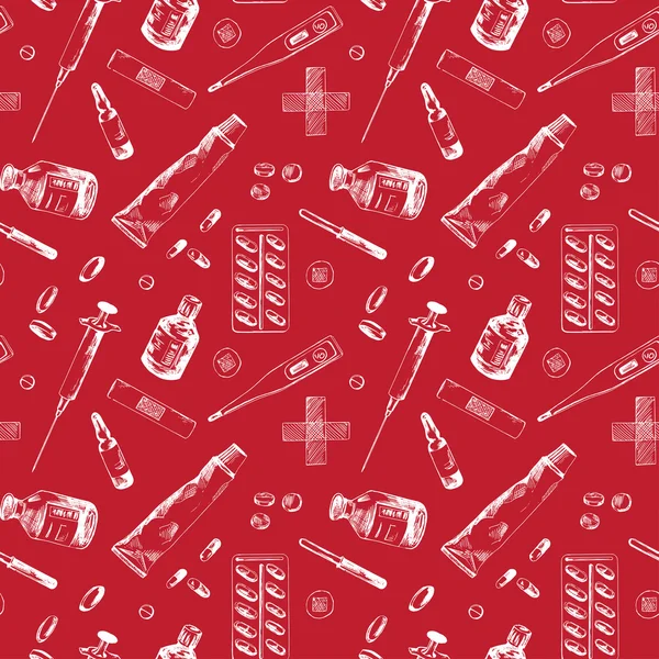 Rode naadloze patroon met verschillende geneeskunde items — Stockvector