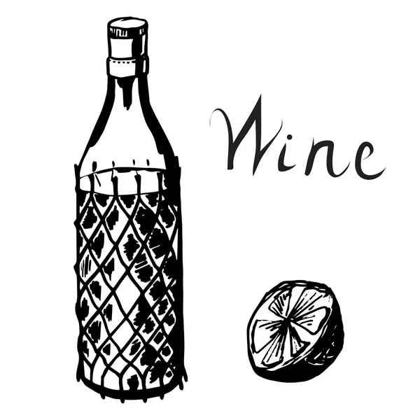 多彩的切割手绘制的瓶酒和柠檬 — 图库矢量图片