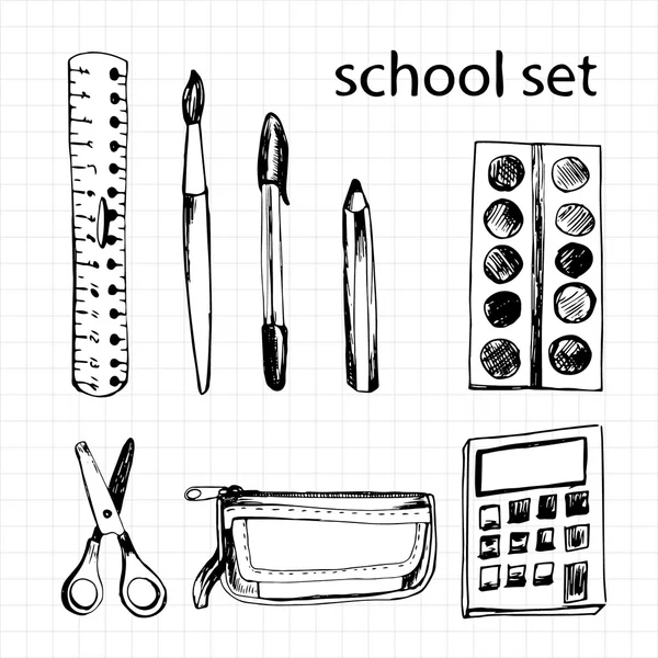 다른 학교 항목 설정: 눈금자가 위, 펜, 연필, 칼 — 스톡 벡터