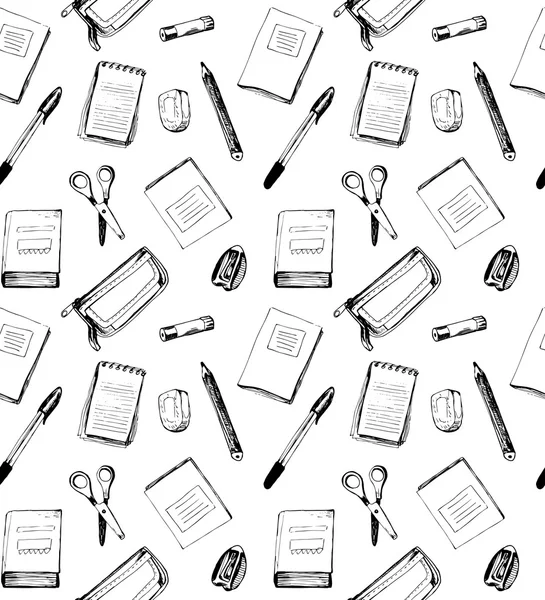 Modèle scolaire sans couture avec cahiers, ciseaux, caoutchouc, netteté — Image vectorielle