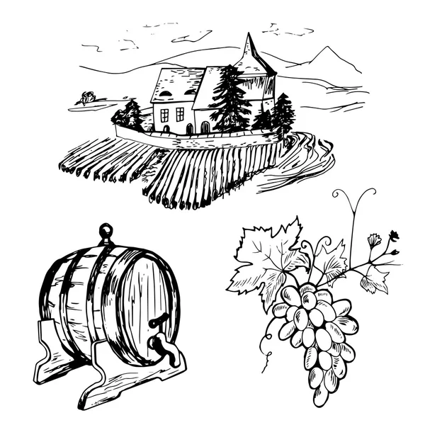 Conjunto de viñedo, barril de winr y racimo de uva — Archivo Imágenes Vectoriales