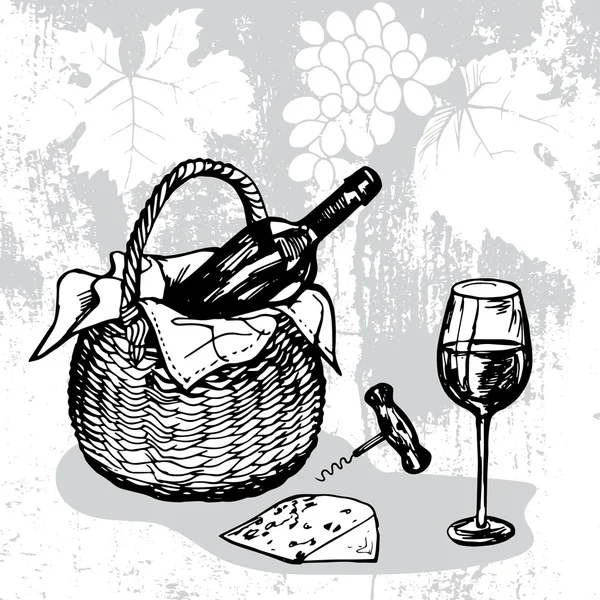 Backet dengan botol anggur, gelas anggur, keju dan pembuka botol - Stok Vektor
