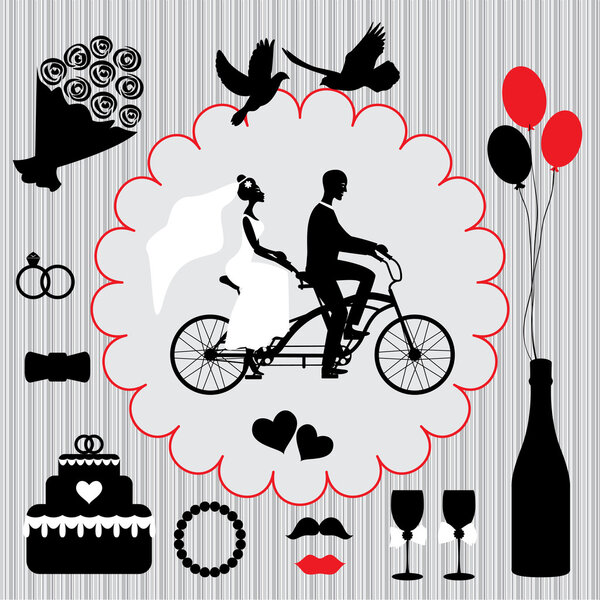 Wedding set with two married people on bicycle