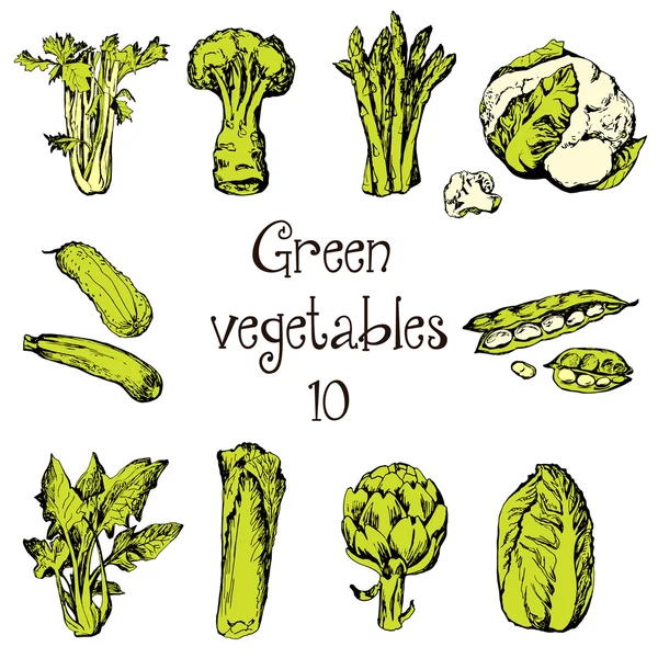 Ensemble de légumes verts dessinés à la main — Image vectorielle