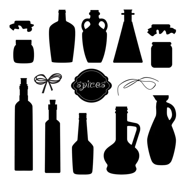 Set of different jar silhouettes for spicy oil with ribbons — Stock Vector