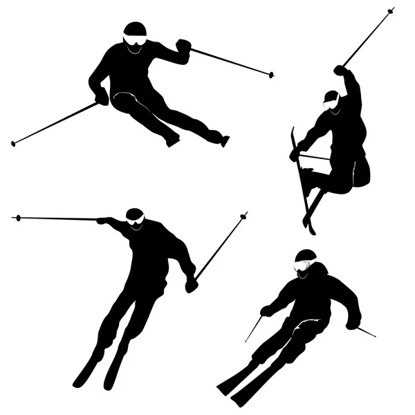 Vier silhouetten van skiën personen — Stockvector