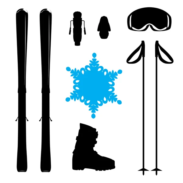 Set di attrezzatura da sci silhouette con fiocco di neve — Vettoriale Stock