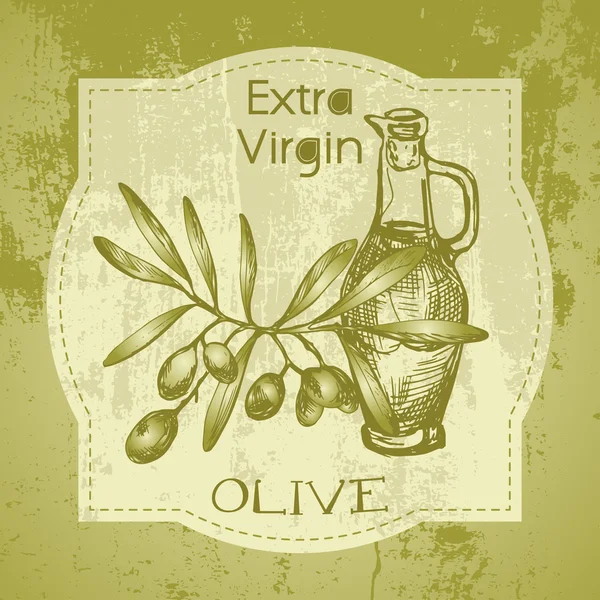 Grunge étiquette vintage avec branche d'olive et bouteille d'huile — Image vectorielle