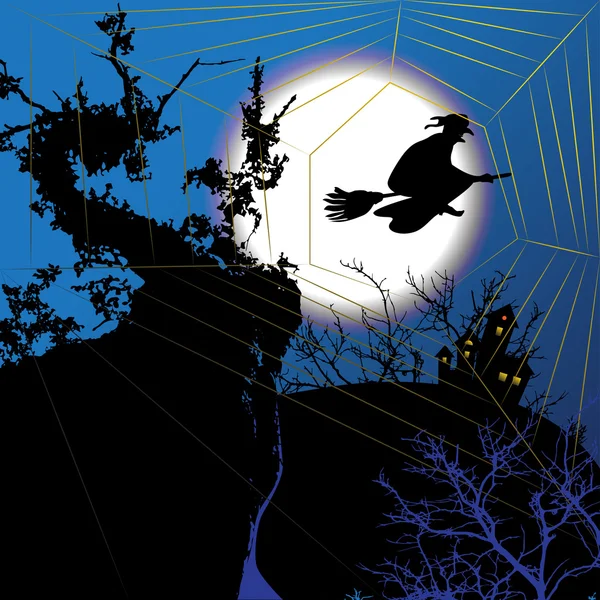 Accendere sfondo Halloween con strega e ragnatela — Vettoriale Stock