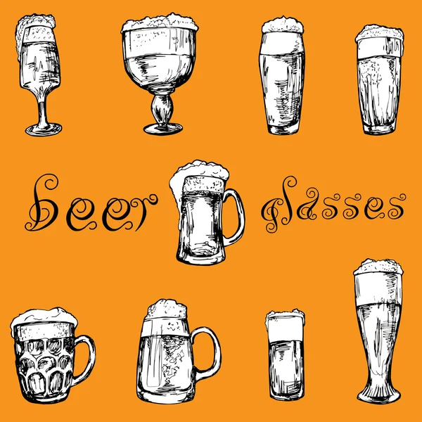 Hand drawn different glasses of beer — Stock Vector