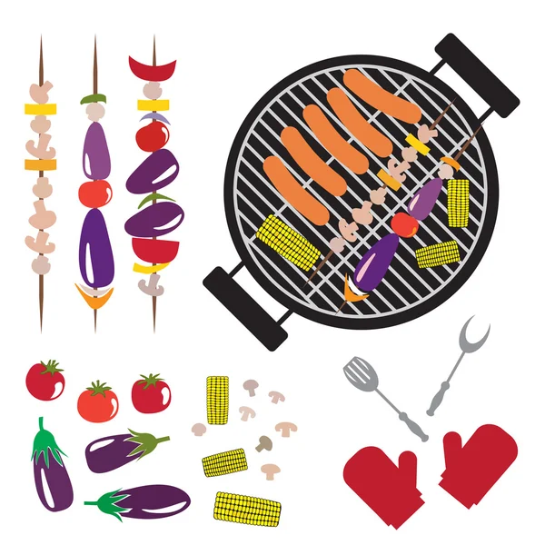 Csoportja, grillezett zöldség, gomba, kolbász, Grill — Stock Vector