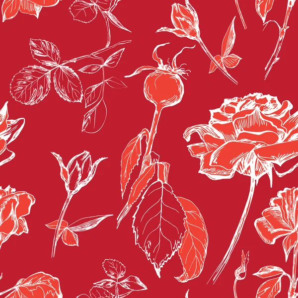 Hand drawn seamless pattern of roses, buds and leafs — Stock Vector