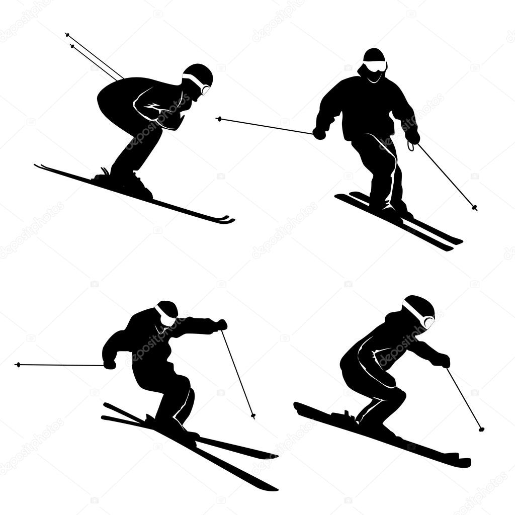 Four silhouettes of skiing persons