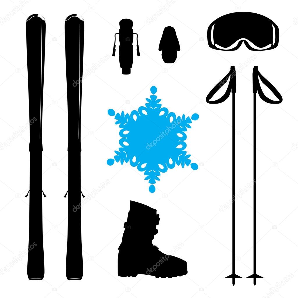 Set of skiing equipment silhouette with snowflake