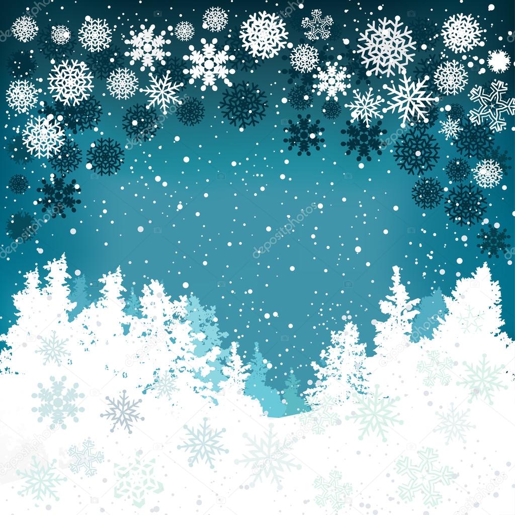 Winter background with snowflakes and Christmas trees