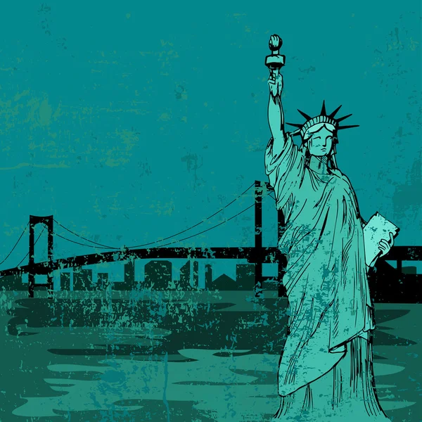 Statua Liberty disegnata a mano e ponte - vettore — Vettoriale Stock