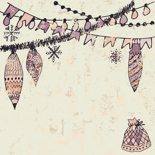 Vacanza invernale disegnato a mano sfondo con decorazioni natalizie — Vettoriale Stock