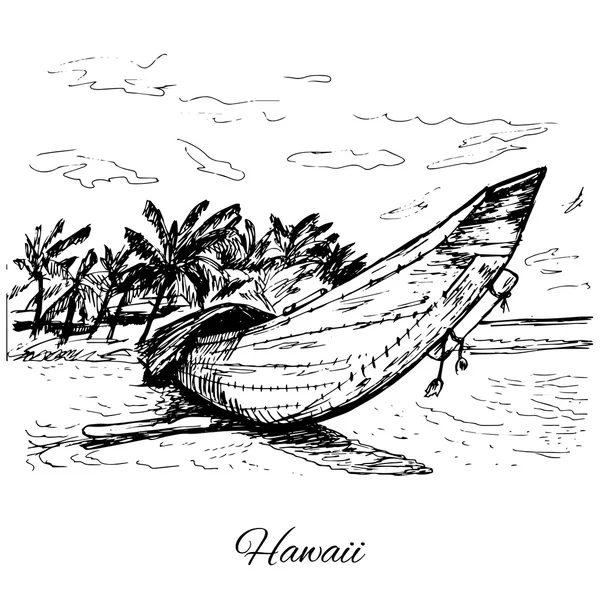 Canoa dibujada a mano en la arena — Vector de stock