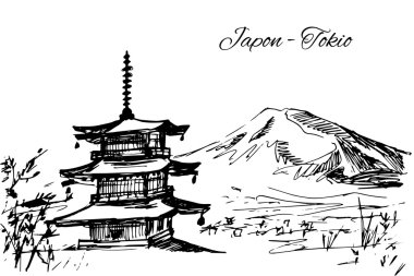 El çizilen Japon çok katlı pagoda sahne