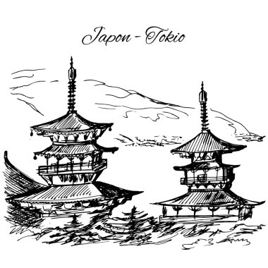 El çizilen Japon çok katlı pagoda sahne
